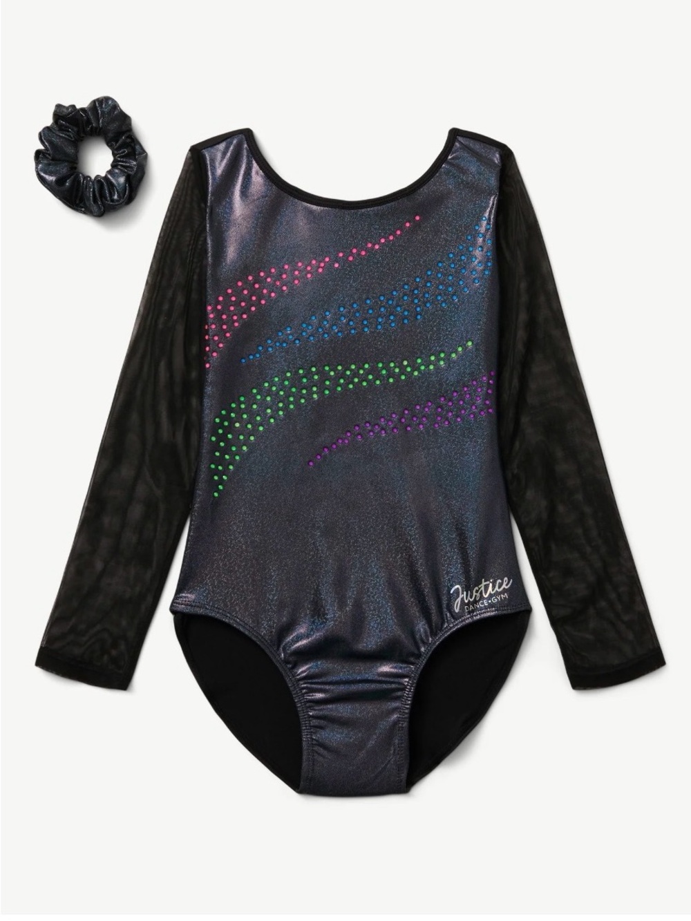 Justice Girls Iridescent Black Long Sleeve Leotard with Multicolor Rhinestones